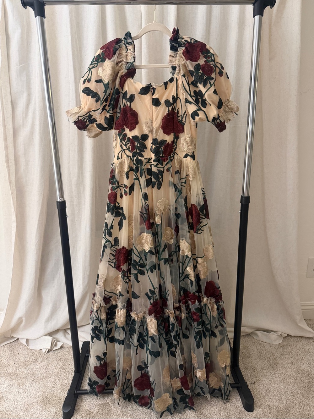 Ivy City Co Cream Maxi Dress with Burgundy & Green Floral Embroidery - Picture 4 of 4